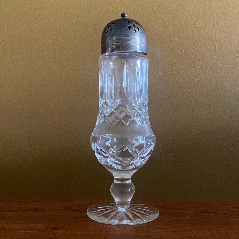 Vintage Waterford cut crystal muffineer sugar shaker with silver plated lid